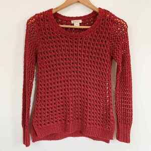 Lucky Brand Marissa Open Knit Sweater Metallic Crochet Pullover Burgundy XS